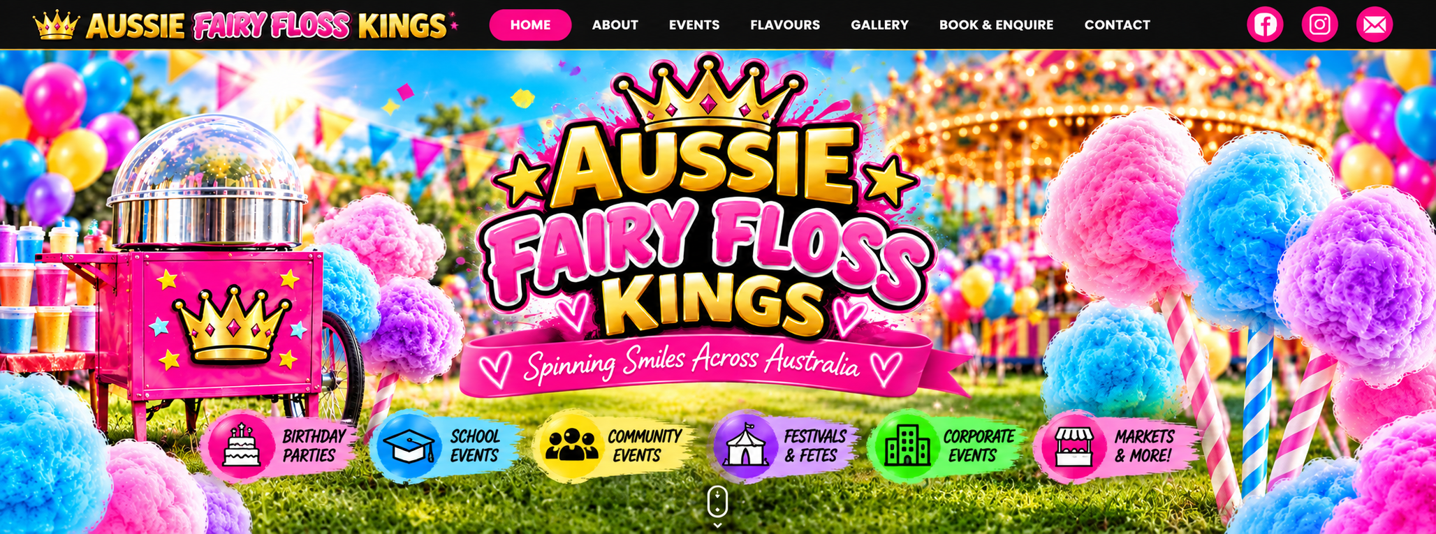 Aussie Fairy Floss Kings colourful carnival banner